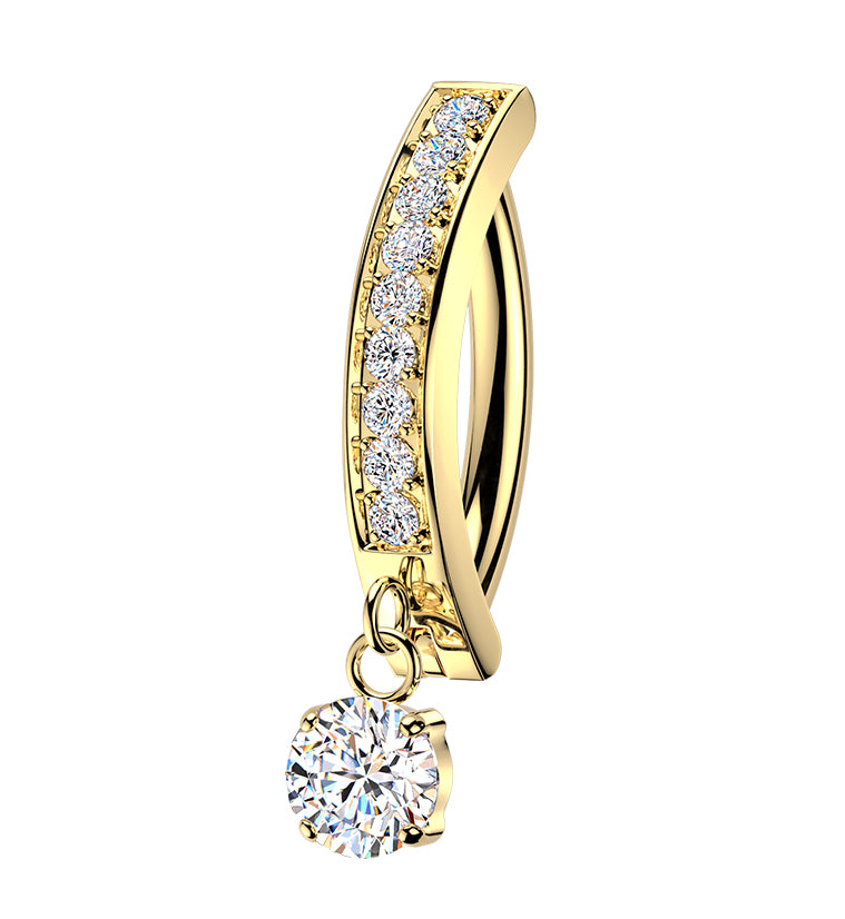 Gold PVD Clear CZ Dangle Titanium Hinged Belly Button Ring