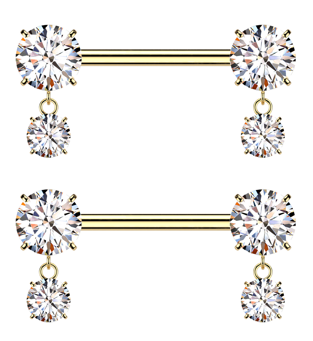 Gold PVD Clear CZ Dangle Titanium Threadless Nipple Barbells by Urban Body Jewelry