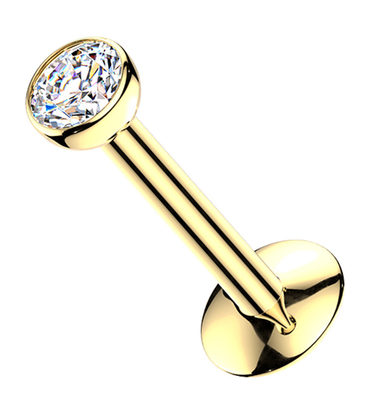 Gold PVD Clear CZ Titanium Threadless Convex Disc Labret