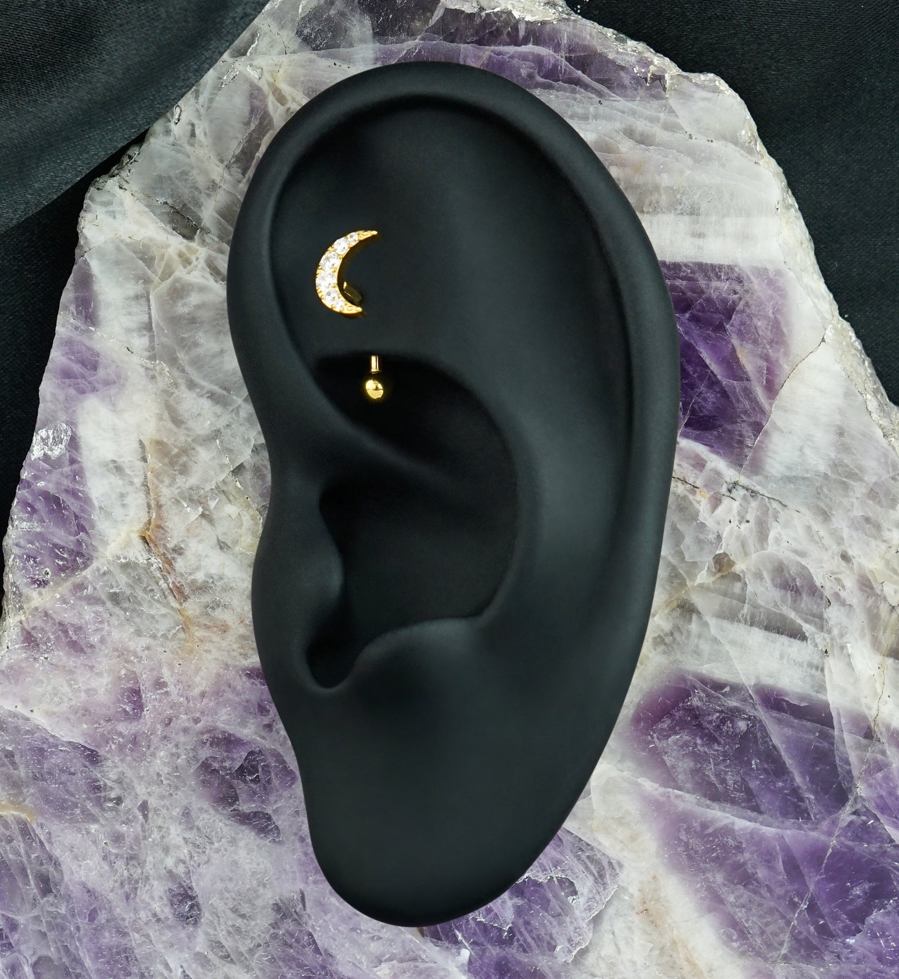 Gold PVD Crescent Moon CZ Titanium Threadless Curved Barbell