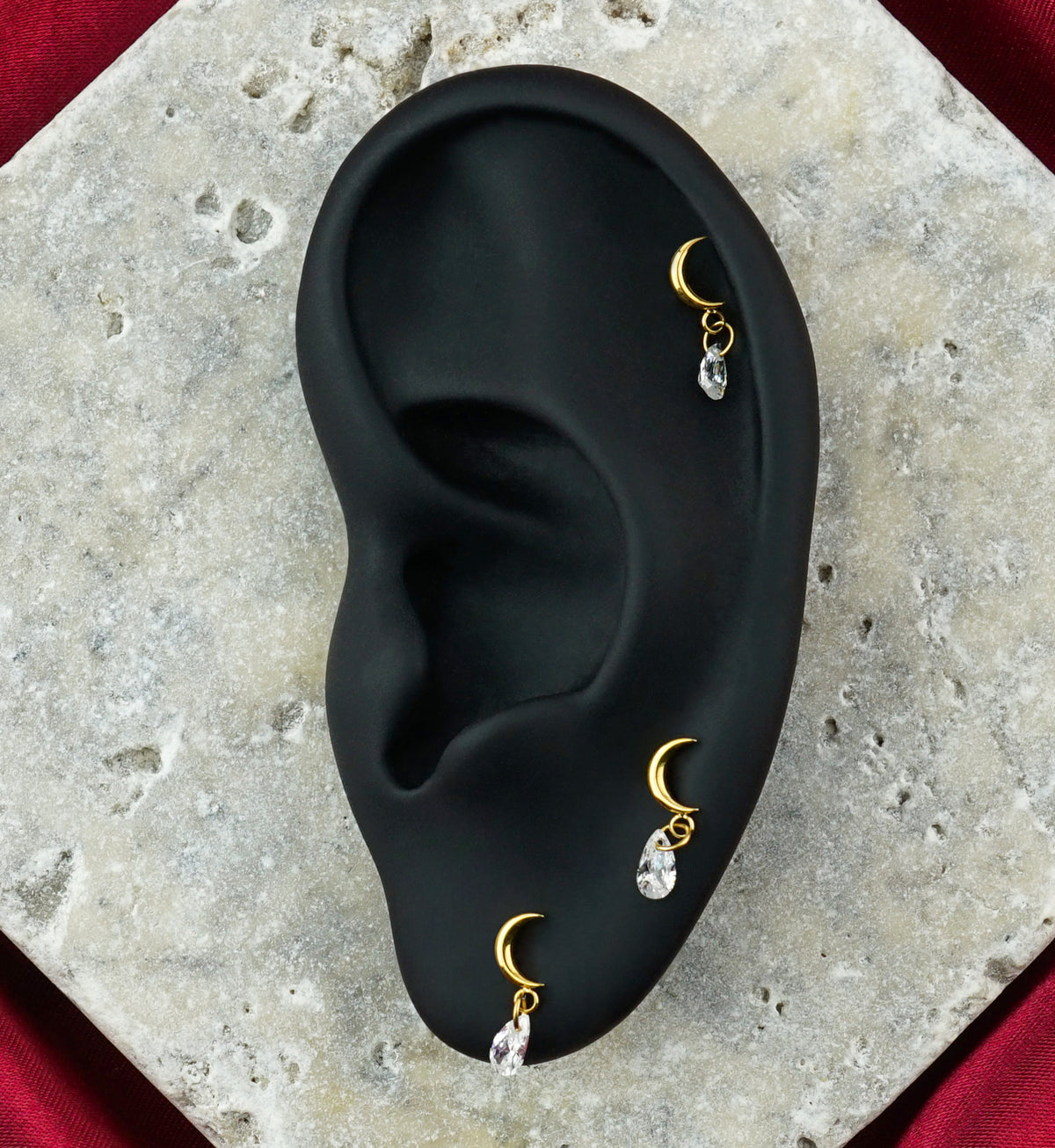 Gold PVD Crescent Moon Teardrop CZ Dangle Titanium Internally Threaded Labret