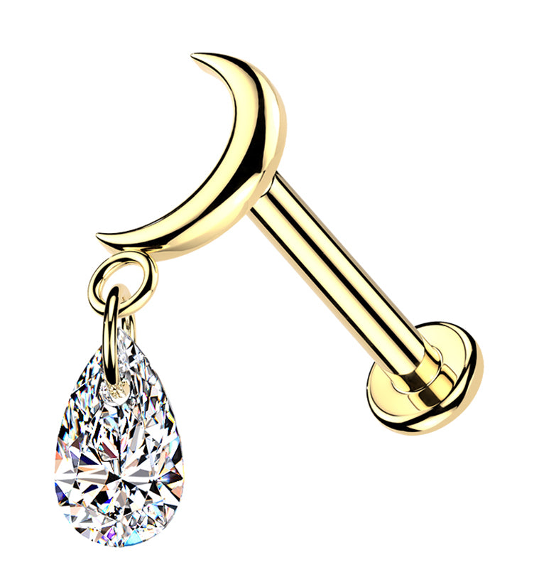 Gold PVD Crescent Moon Teardrop CZ Dangle Titanium Internally Threaded Labret