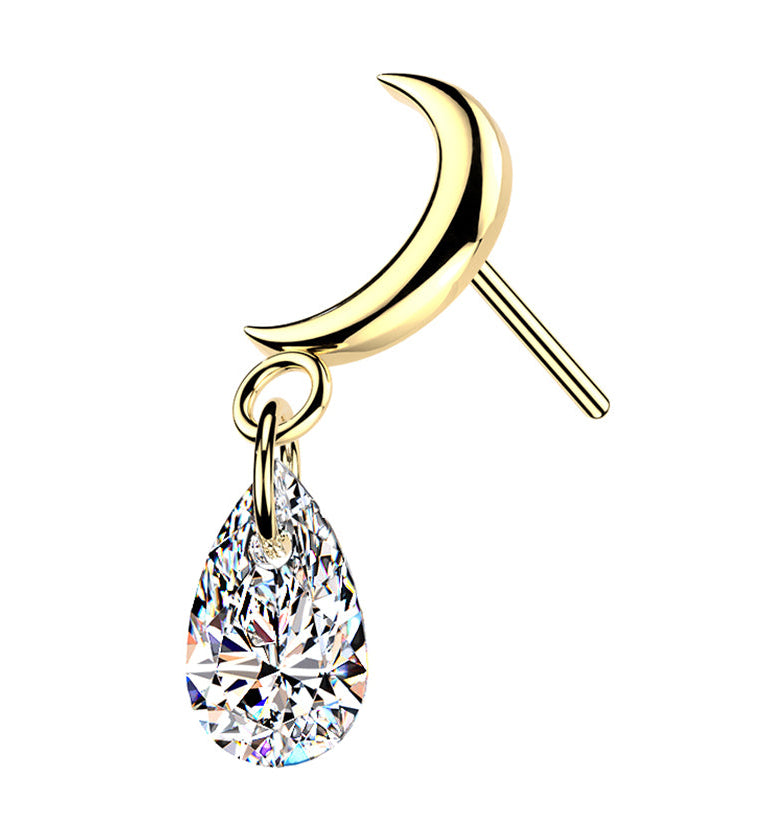 Gold PVD Crescent Moon Teardrop CZ Dangle Titanium Threadless Top