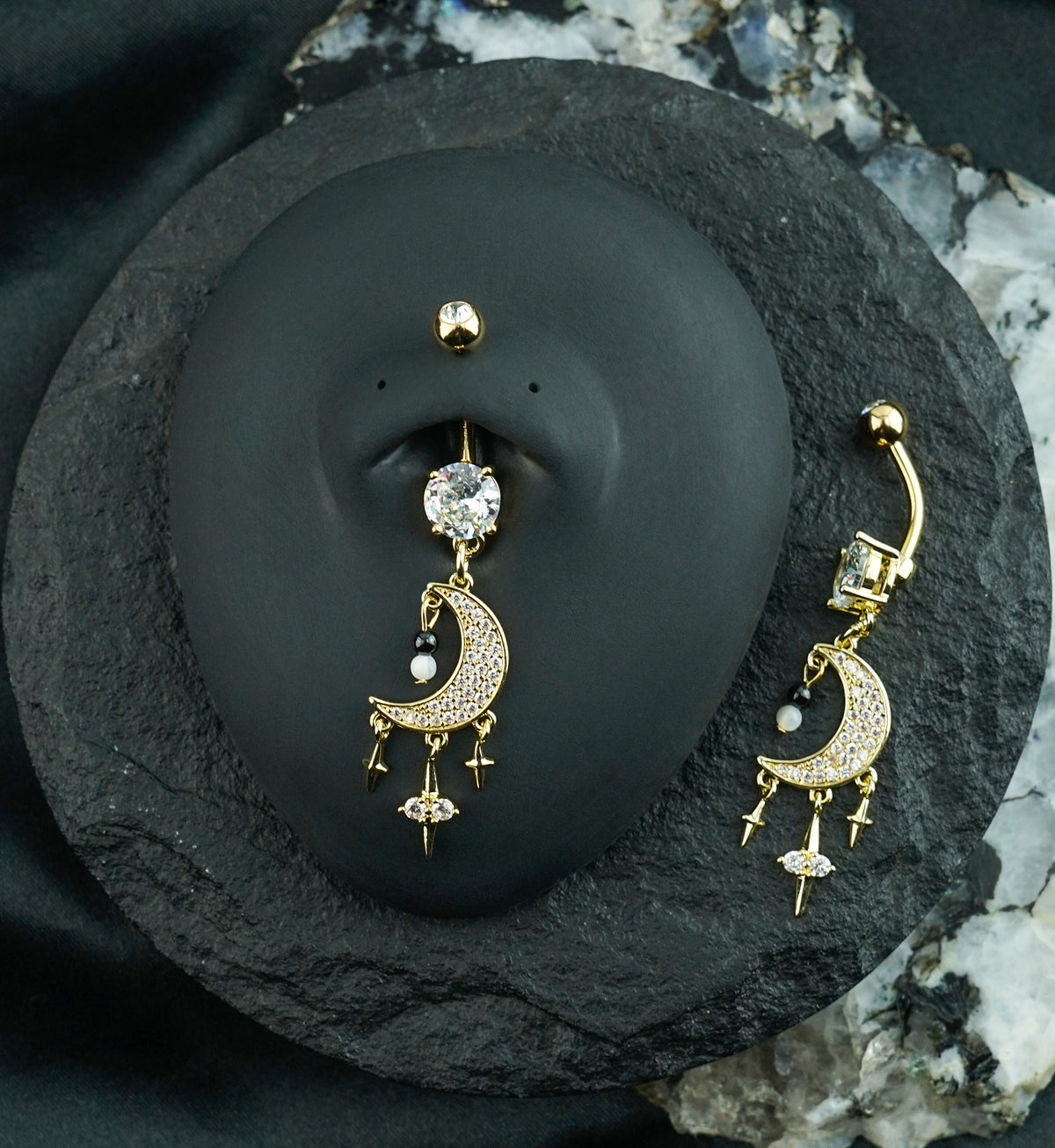 Gold PVD Crescent Moon With Triple Dangle Star Clear CZ Stainless Steel Belly Button Ring