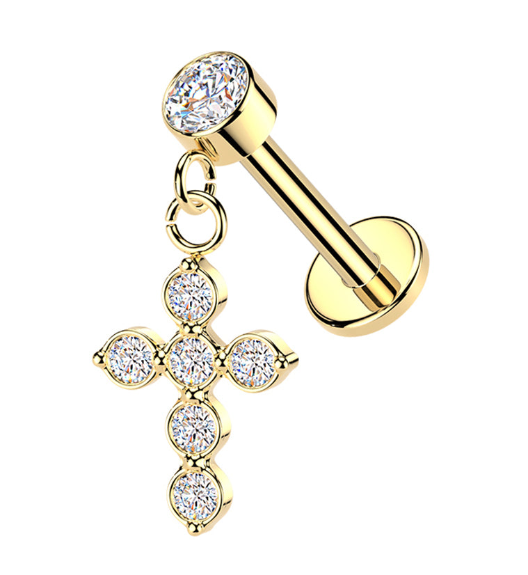 Gold PVD Cross CZ Dangle Internally Threaded Stainless Steel Labret