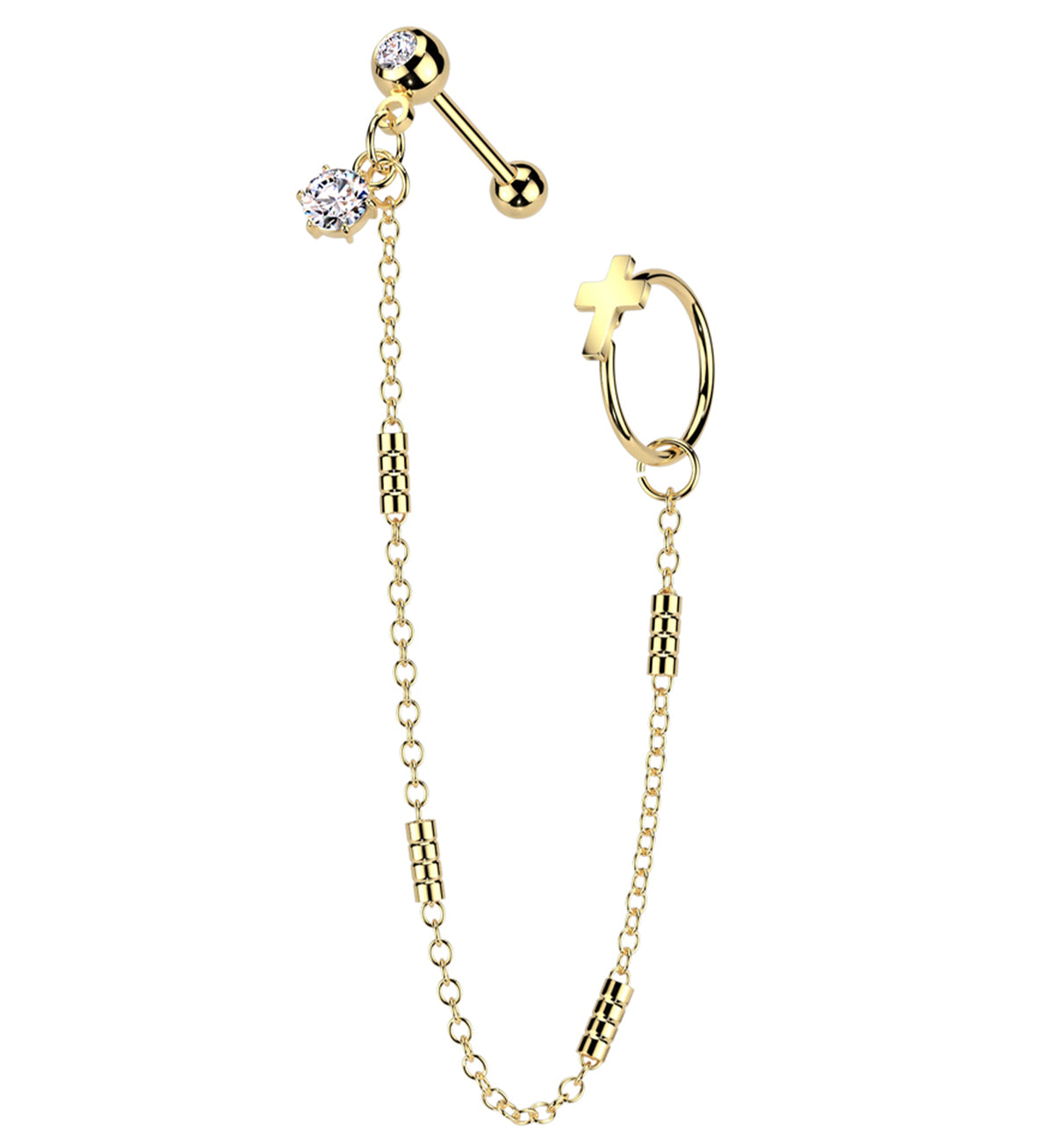 Gold PVD Cross Hoop/Barbell Clear CZ Stainless Steel Piercing Chain