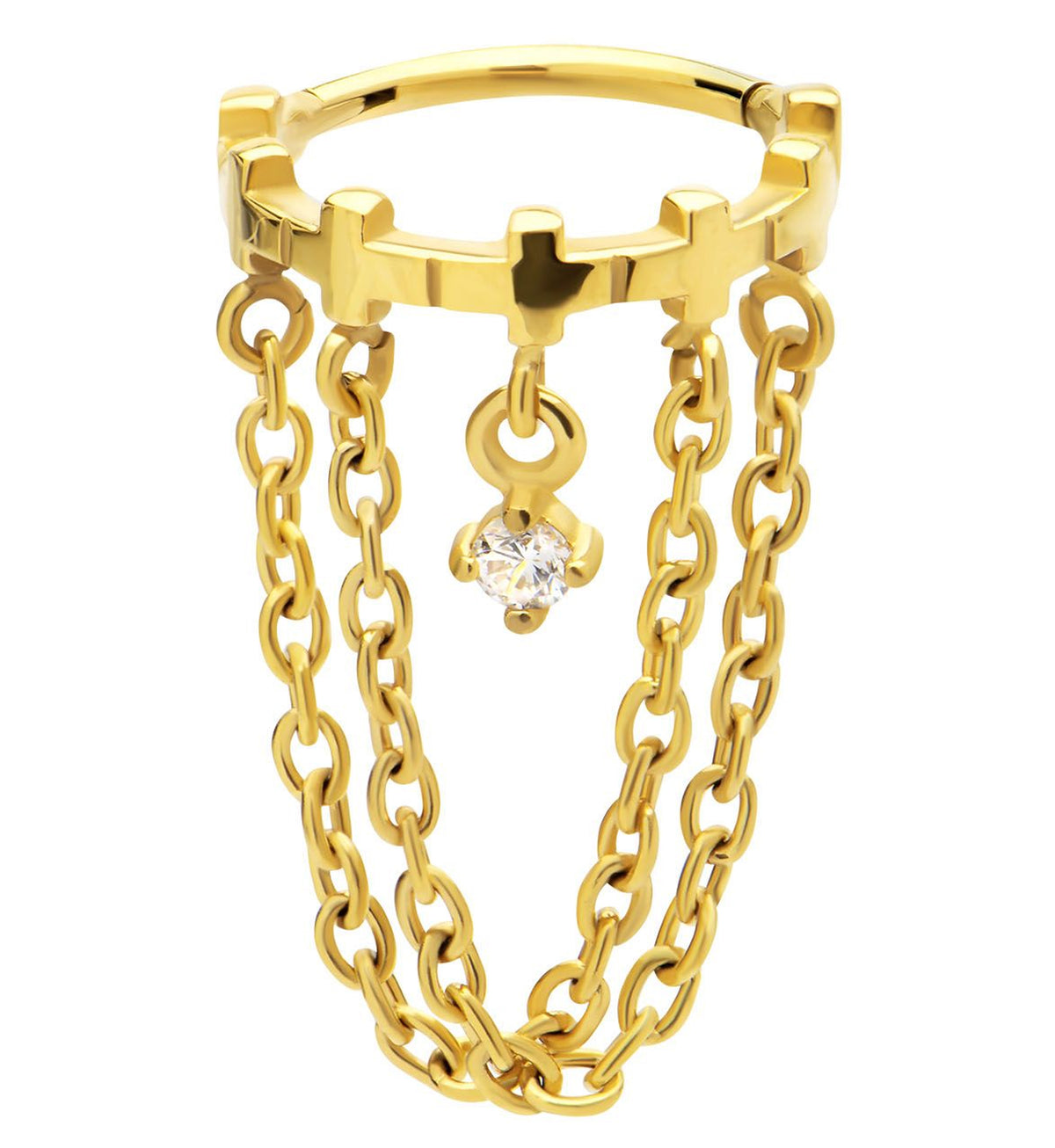 Gold PVD Cross Row Dangle Clear CZ Double Chain Stainless Steel Hinged Segment Ring