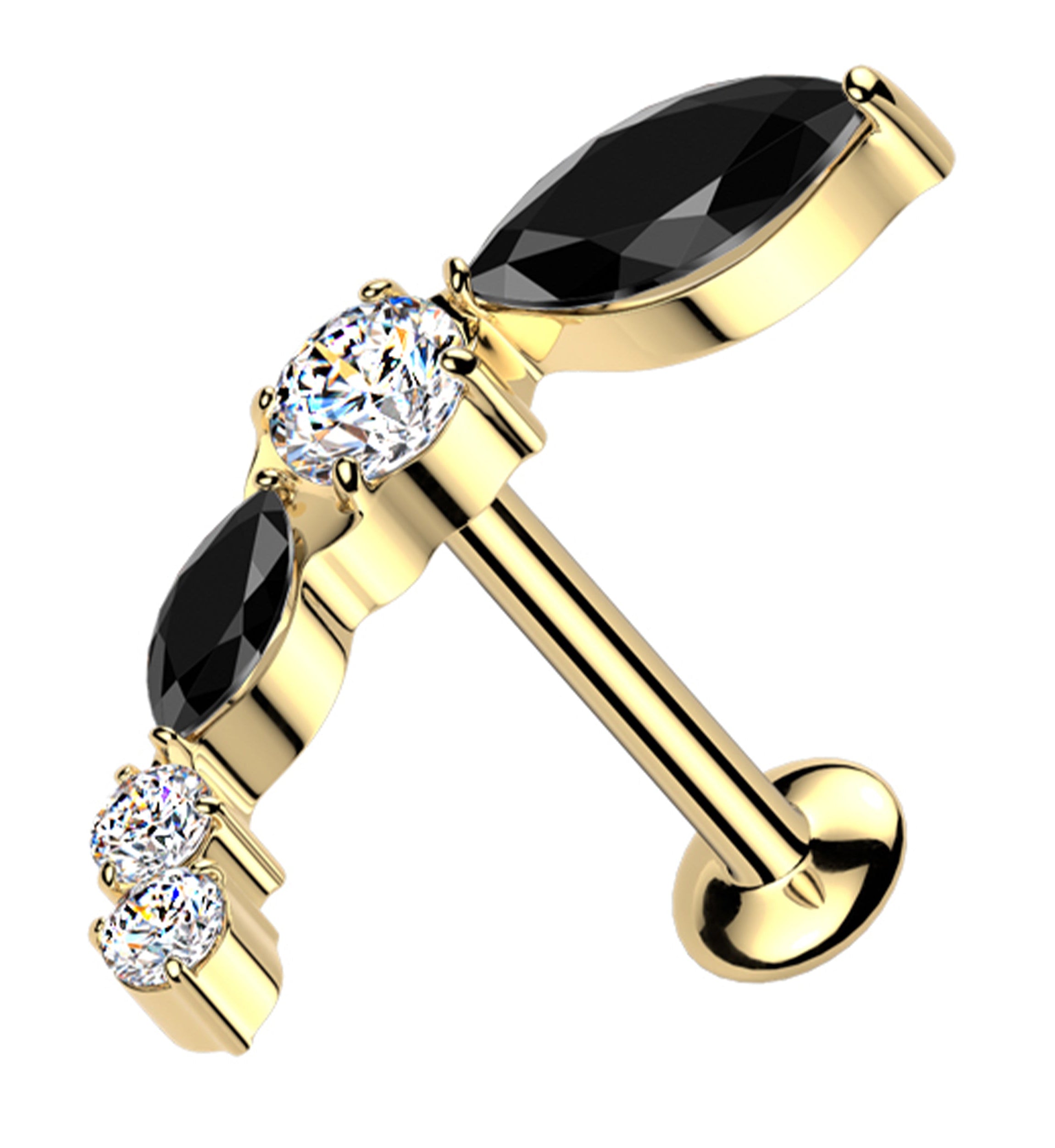 Gold PVD Curve Marquise Black And Clear CZ Threadless Titanium Labret