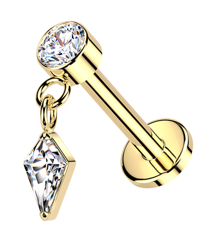 Gold PVD Dart CZ Dangle Titanium Internally Threaded Labret