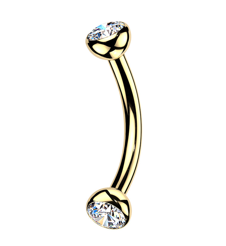 Gold PVD Double Bezel Clear CZ Titanium Threadless Curved Barbell