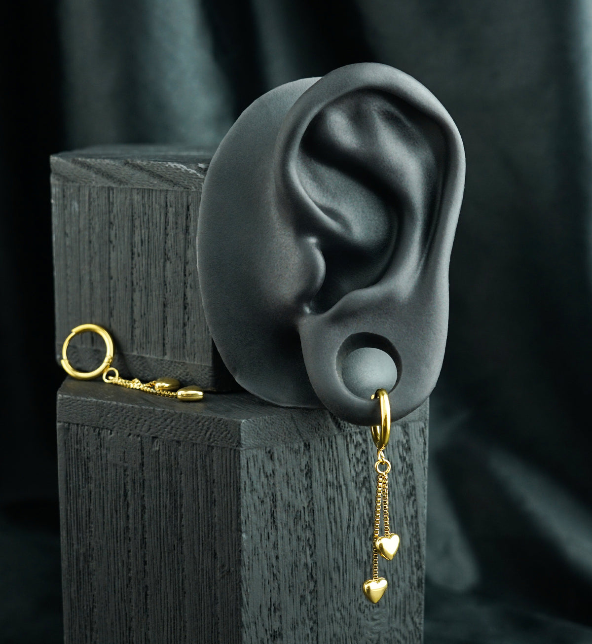 Gold PVD Double Heart Chain Stainless Steel Hinged Hoop Earrings