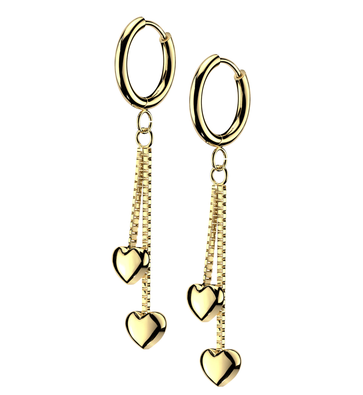 Gold PVD Double Heart Chain Stainless Steel Hinged Hoop Earrings