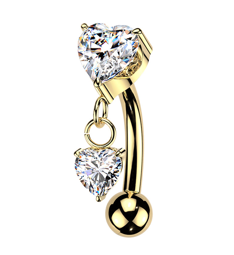 Gold PVD Double Heart CZ Dangle Titanium Threadless Curved Barbell