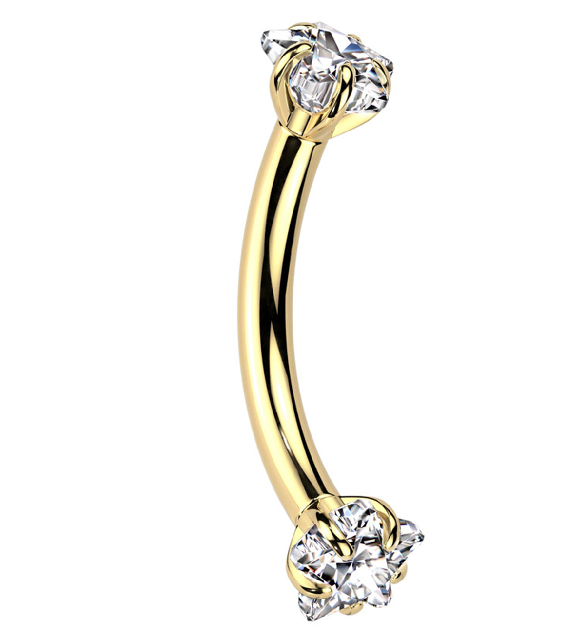 Gold PVD Double Prong Star Clear CZ Internally Threaded Titanium Curved Barbell