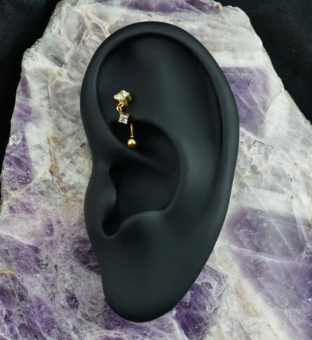 Gold PVD Double Rhombus CZ Dangle Titanium Threadless Curved Barbell