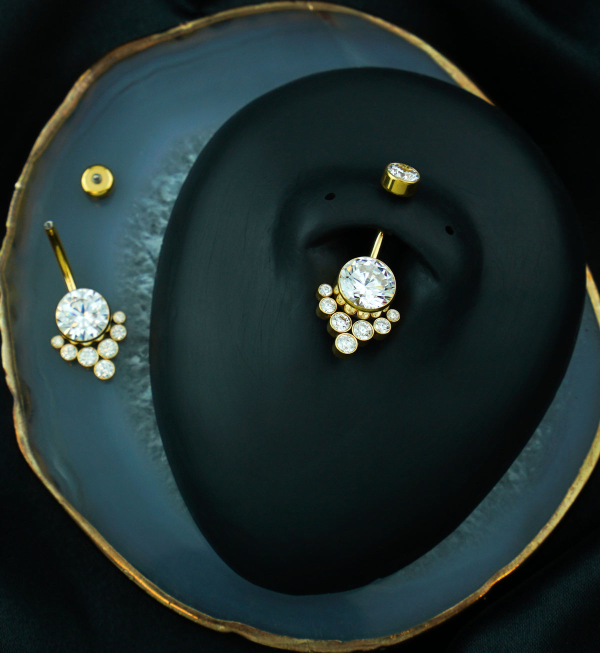 Gold PVD Drop Cluster Clear CZ Titanium Internally Threaded Belly Button Ring