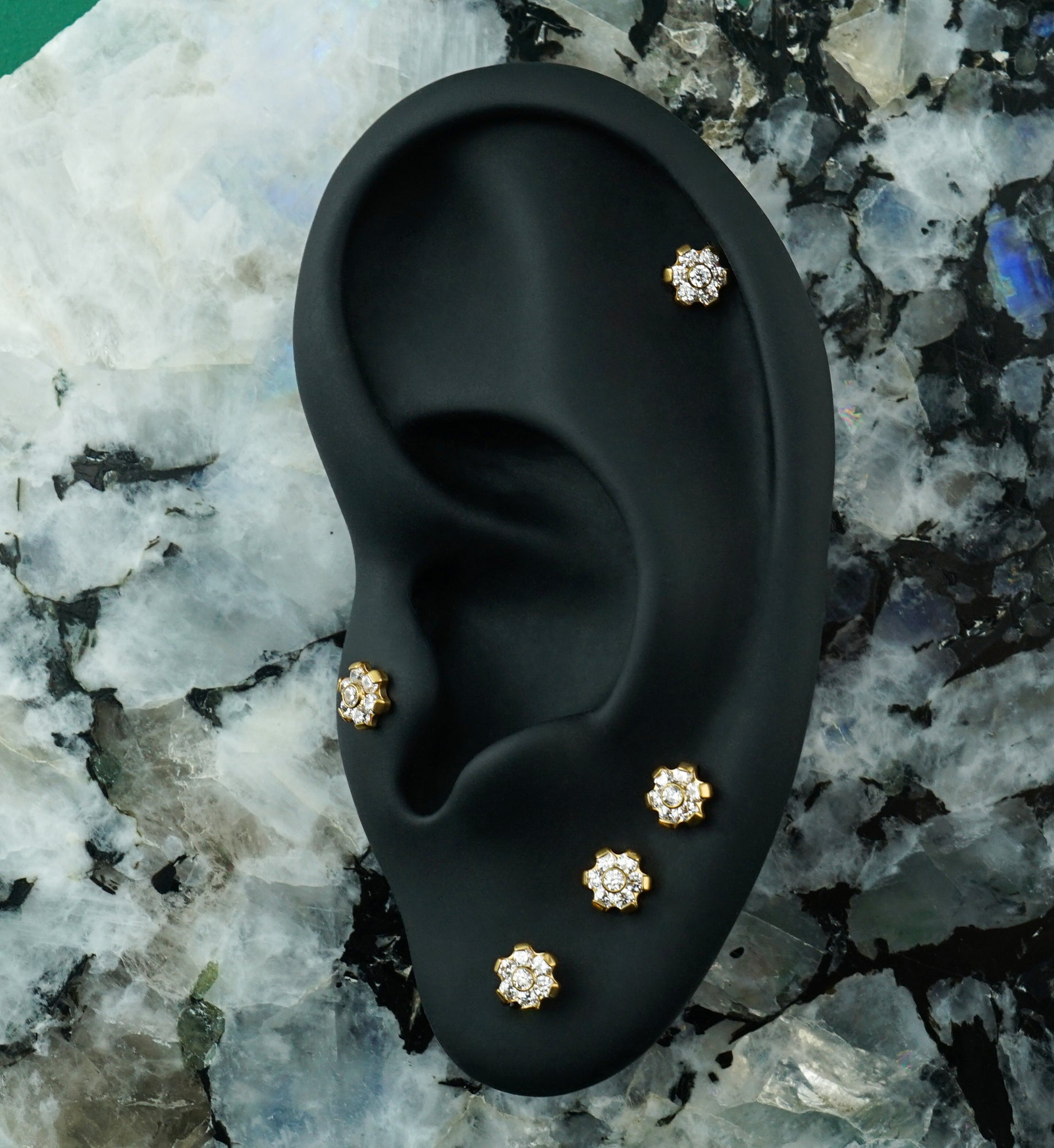 Gold PVD Flower Semi-Bezel CZ Titanium Internally Threaded Labret