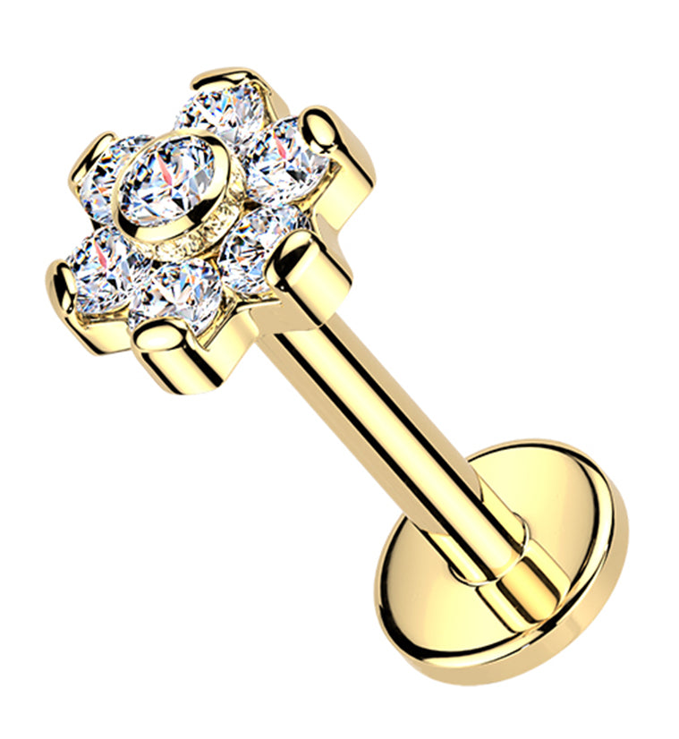 Gold PVD Flower Semi-Bezel CZ Titanium Internally Threaded Labret
