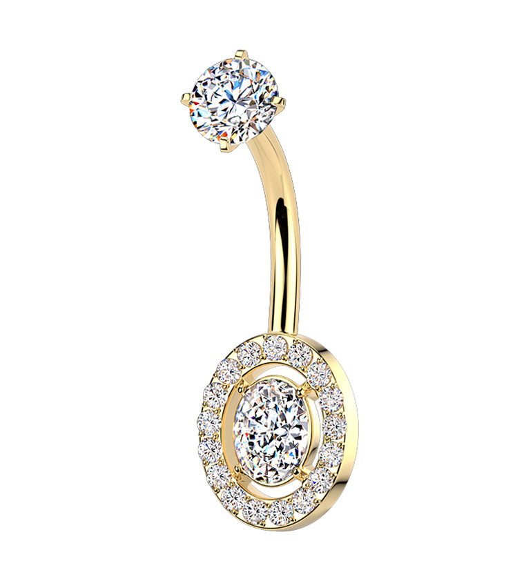 Gold PVD Framed Oval CZ Stainless Steel Internally Threaded Belly Button Ring
