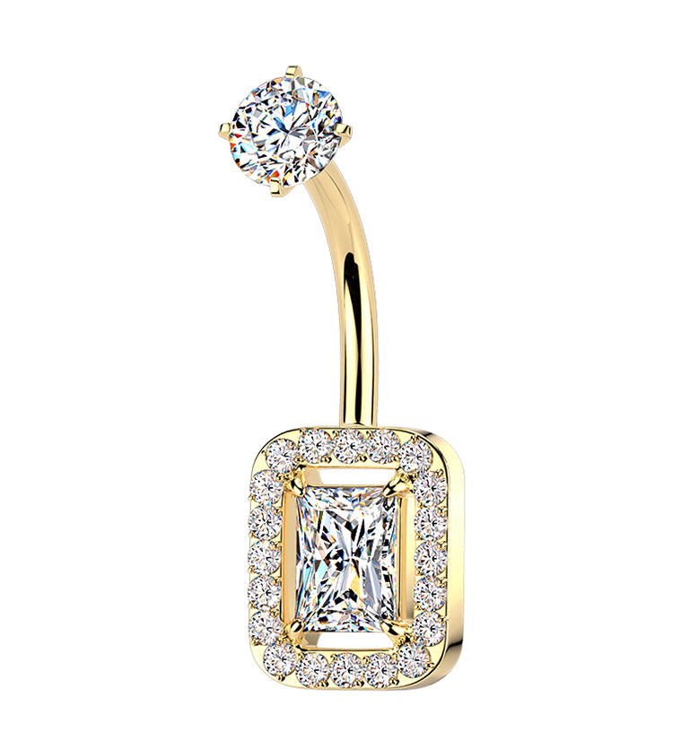 Gold PVD Framed Rectangle CZ Stainless Steel Internally Threaded Belly Button Ring
