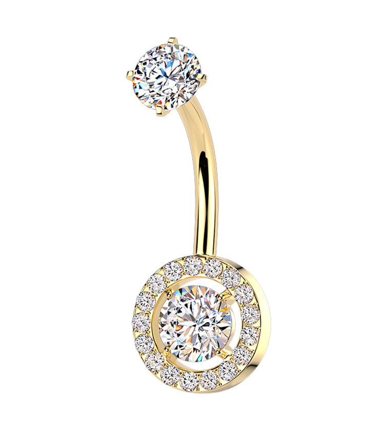 Gold PVD Framed Round CZ Stainless Steel Internally Threaded Belly Button Ring