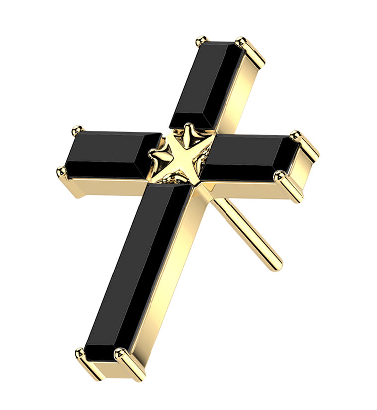 Gold PVD Geo Cross Black CZ Titanium Threadless Top