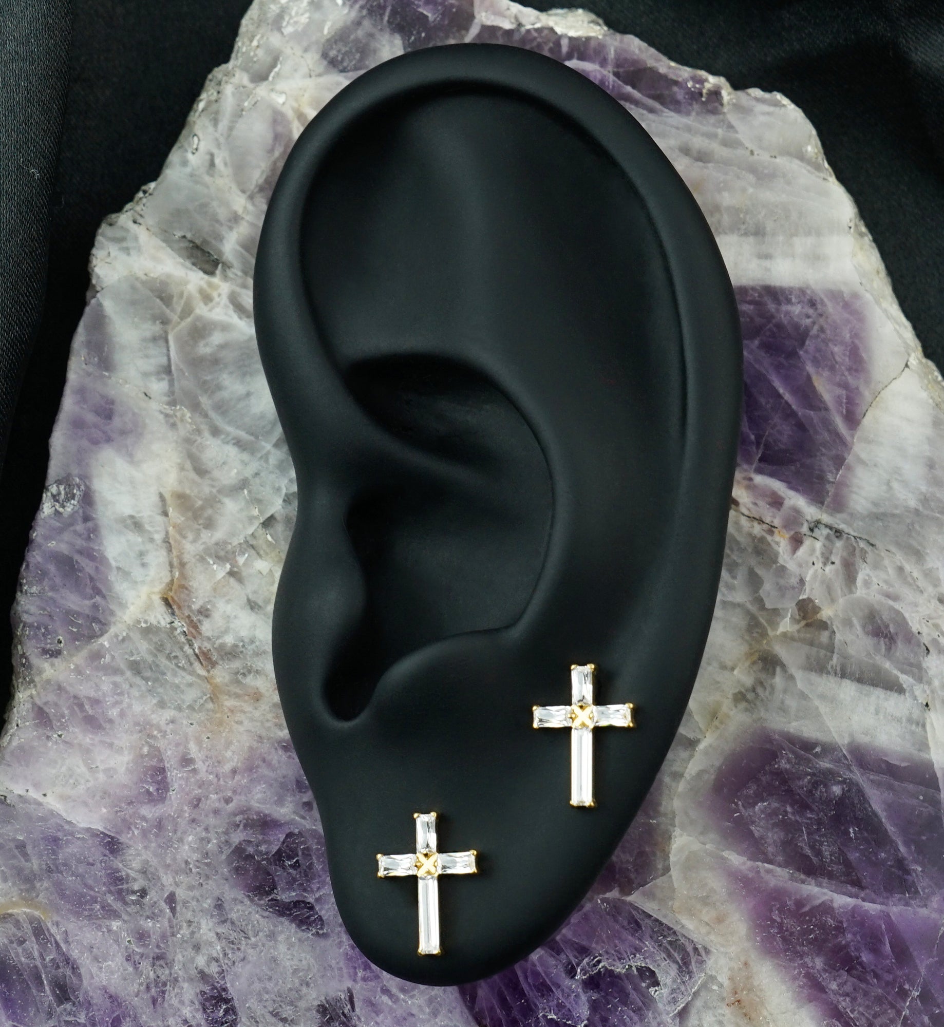 Gold PVD Geo Cross Clear CZ Titanium Threadless Top