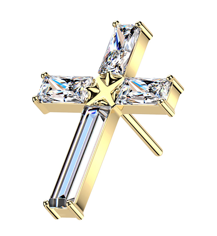 Gold PVD Geo Cross Clear CZ Titanium Threadless Top