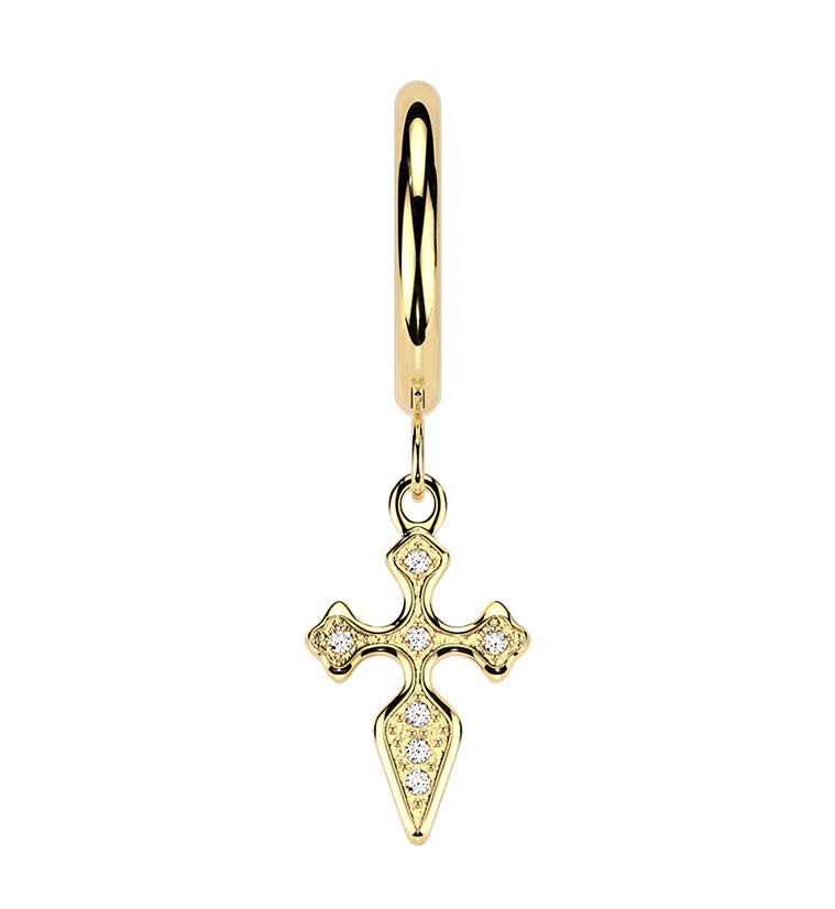 Gold PVD Gothic Cross CZ Stainless Steel Hinged Hoop Huggie Dangle Earrings