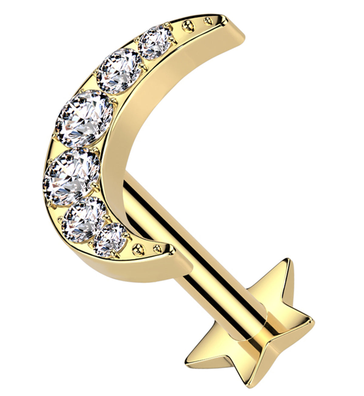 Gold PVD Half Moon Clear CZ Star Back Titanium Threadless Labret