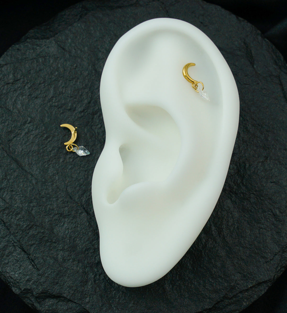 Gold PVD Half Moon Dangle Diamond CZ Titanium Threadless Top