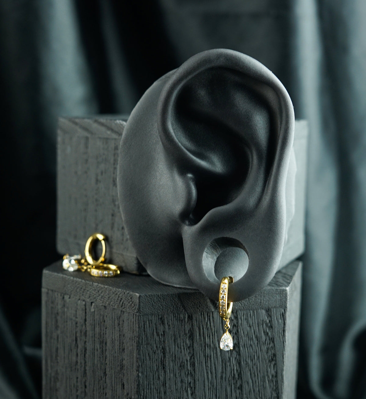 Gold PVD Hanging Teardrop CZ Stainless Steel Hinged Hoop Earrings