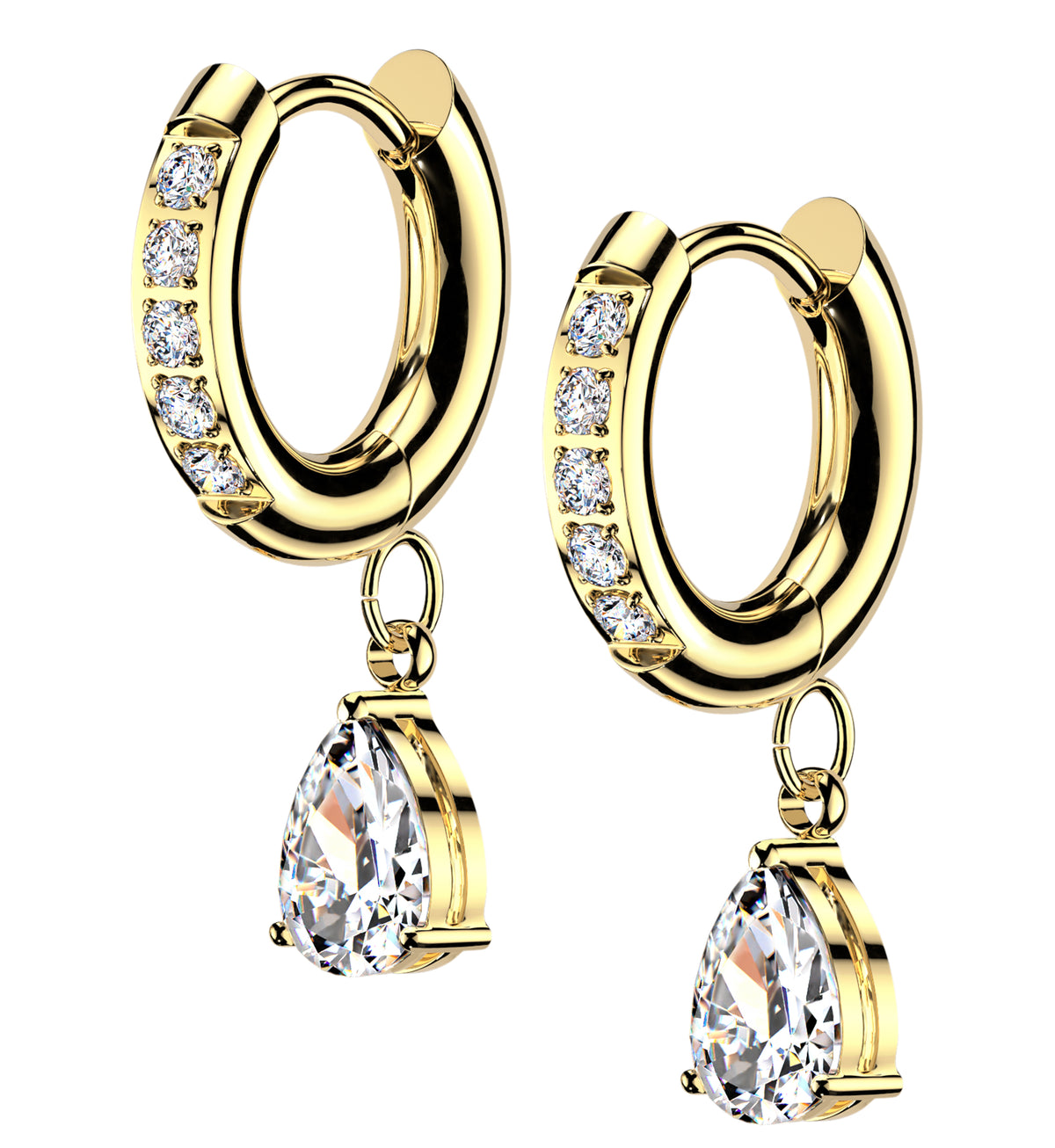 Gold PVD Hanging Teardrop CZ Stainless Steel Hinged Hoop Earrings