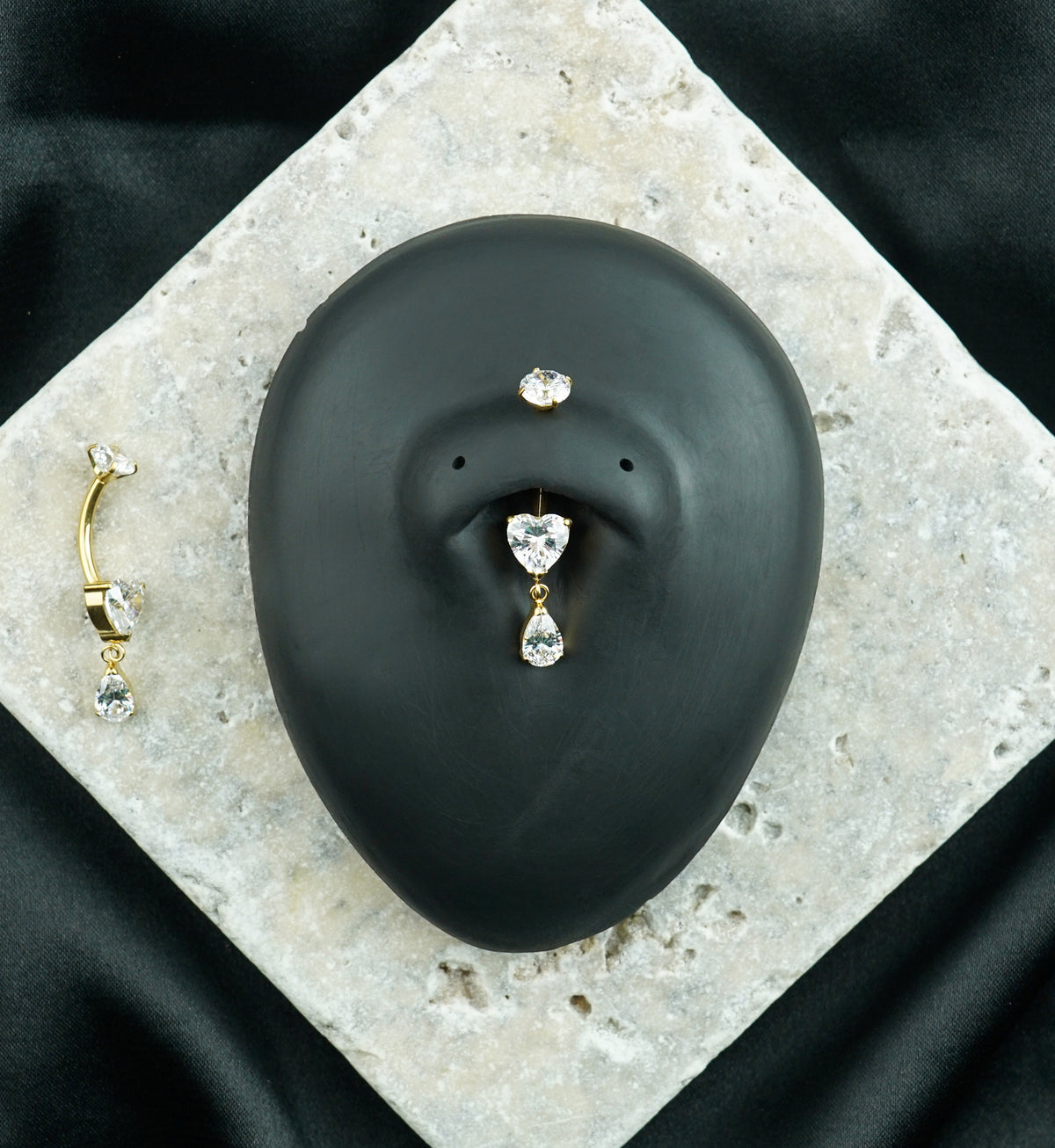 Gold PVD Heart Clear CZ Teardrop Dangle Titanium Internally Threaded Belly Button Ring