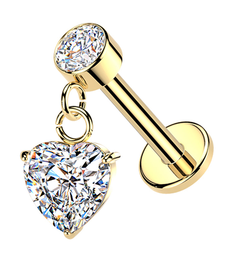 Gold PVD Heart CZ Dangle Internally Threaded Stainless Steel Labret
