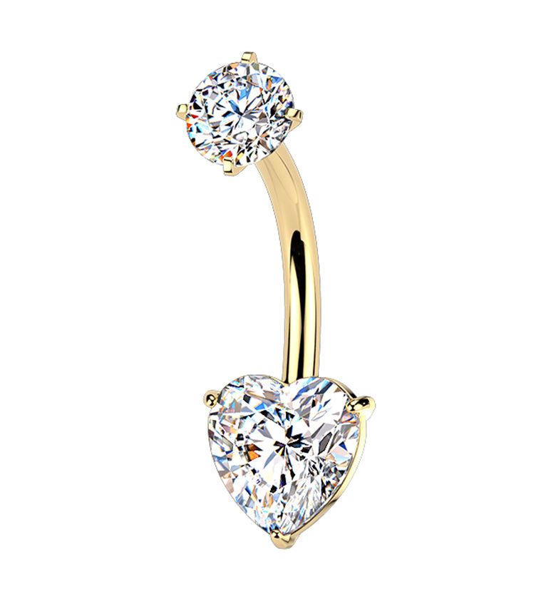 Gold PVD Heart CZ Stainless Steel Internally Threaded Belly Button Ring