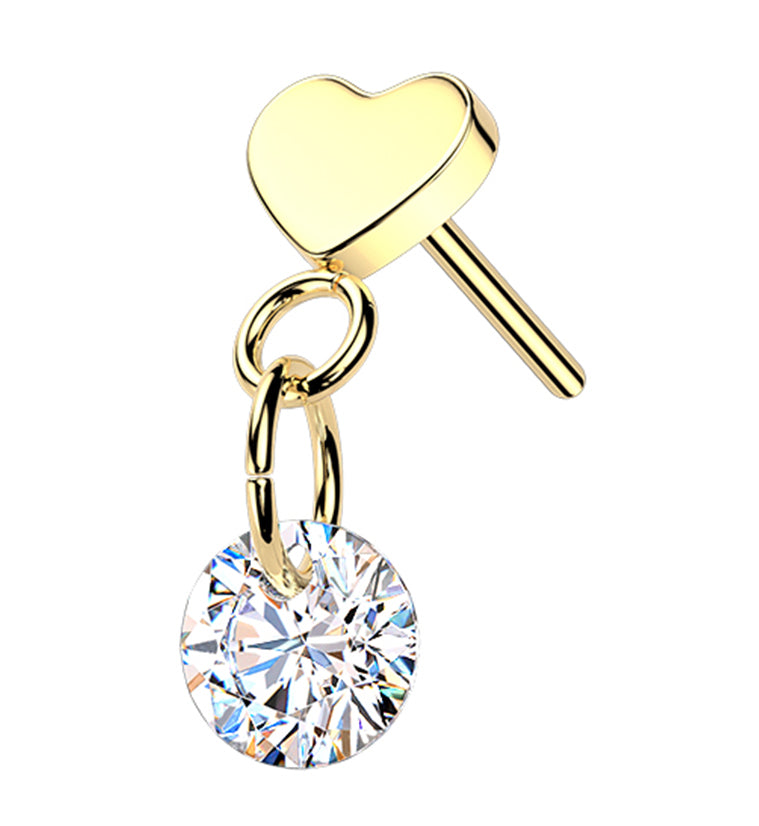 Gold PVD Heart With Clear CZ Dangle Titanium Threadless Top