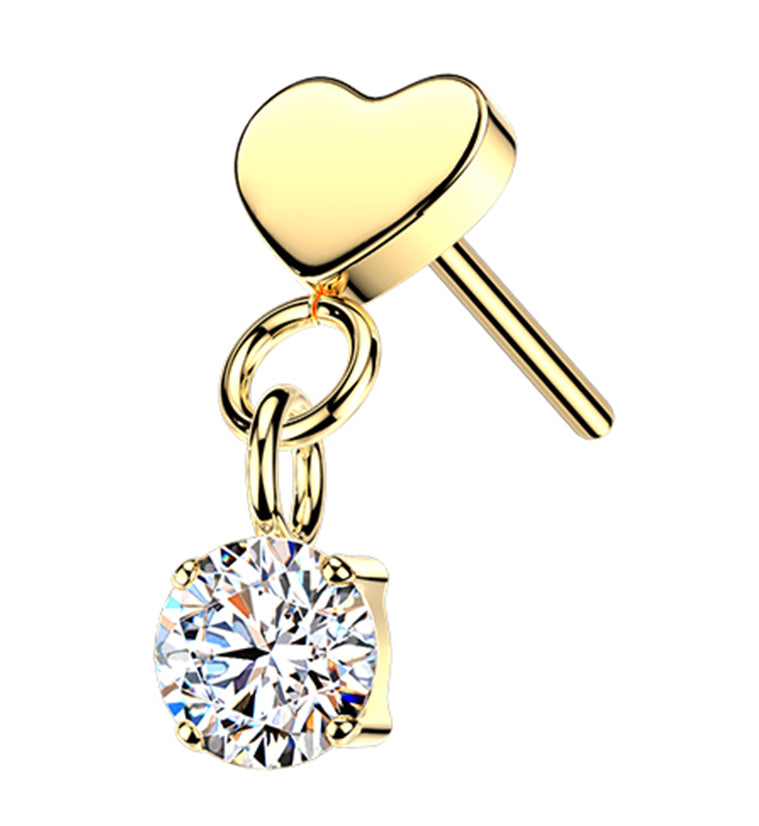 Gold PVD Heart With Round CZ Dangle Titanium Threadless Top