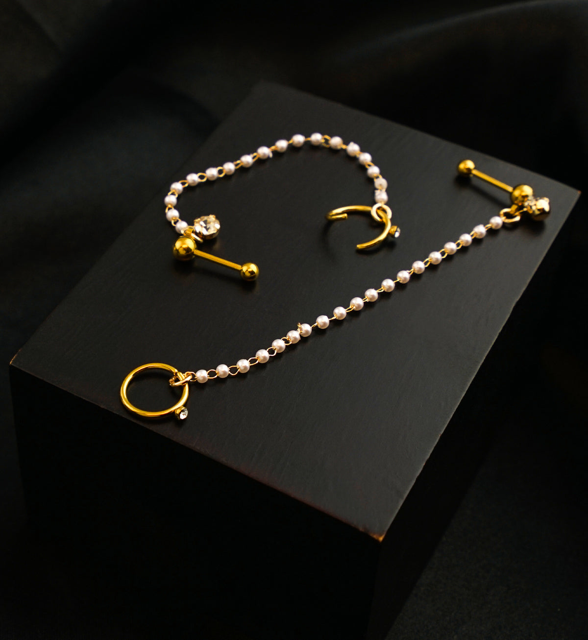 Gold PVD Hoop/Barbell Clear CZ Stainless Steel Mini Pearl Piercing Chain