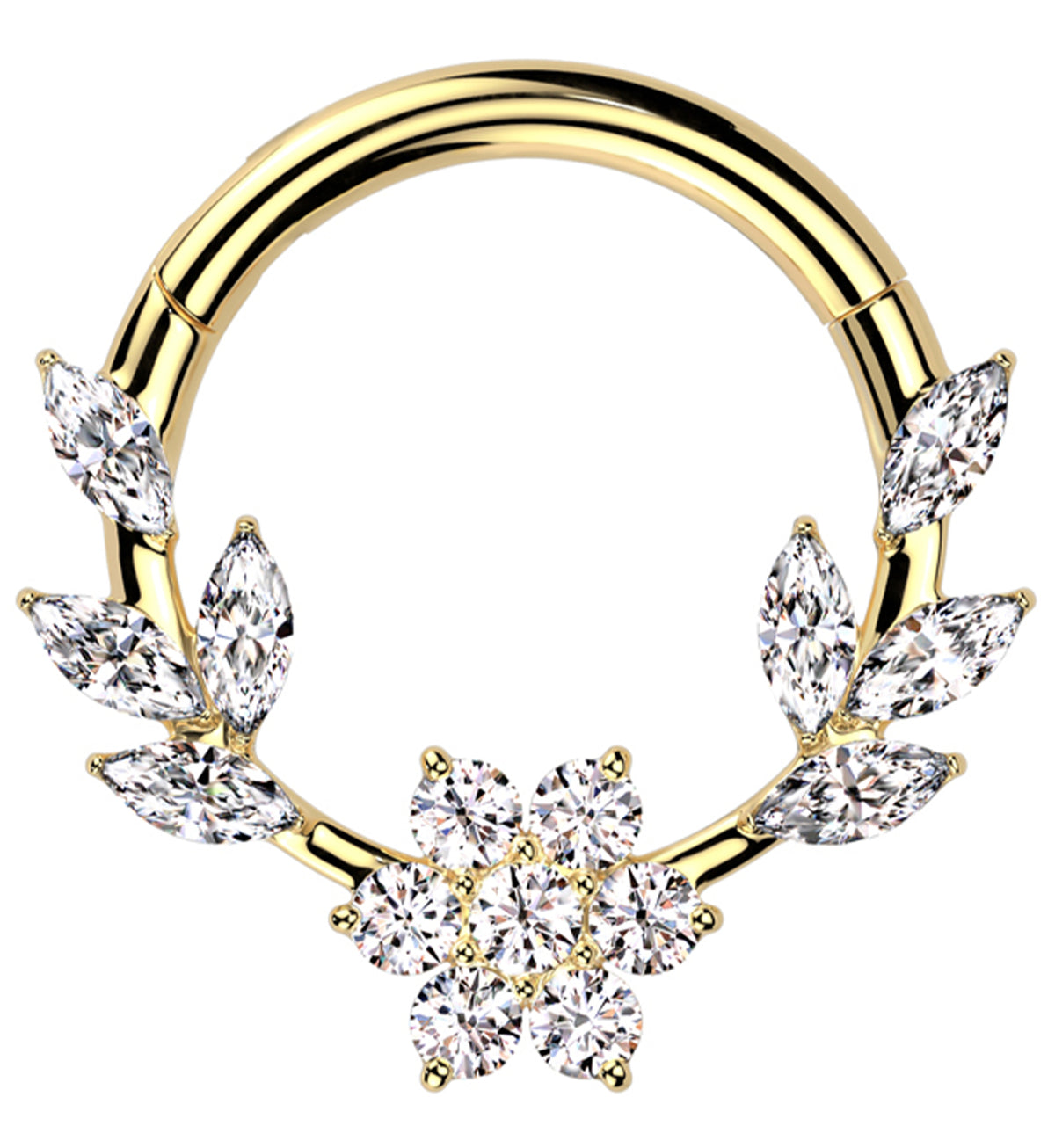 Gold PVD Laurel Flower Clear CZ Stainless Steel Hinged Segment Ring