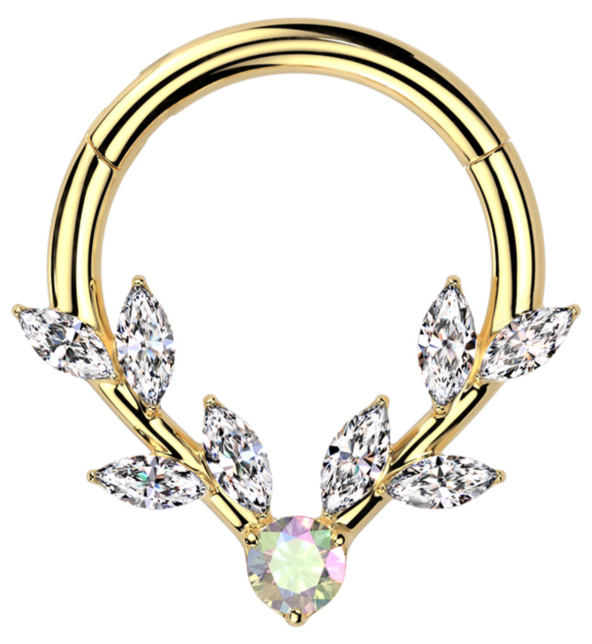 Gold PVD Laurel Vine Clear And Rainbow Aurora CZ Stainless Steel Hinged Segment Ring