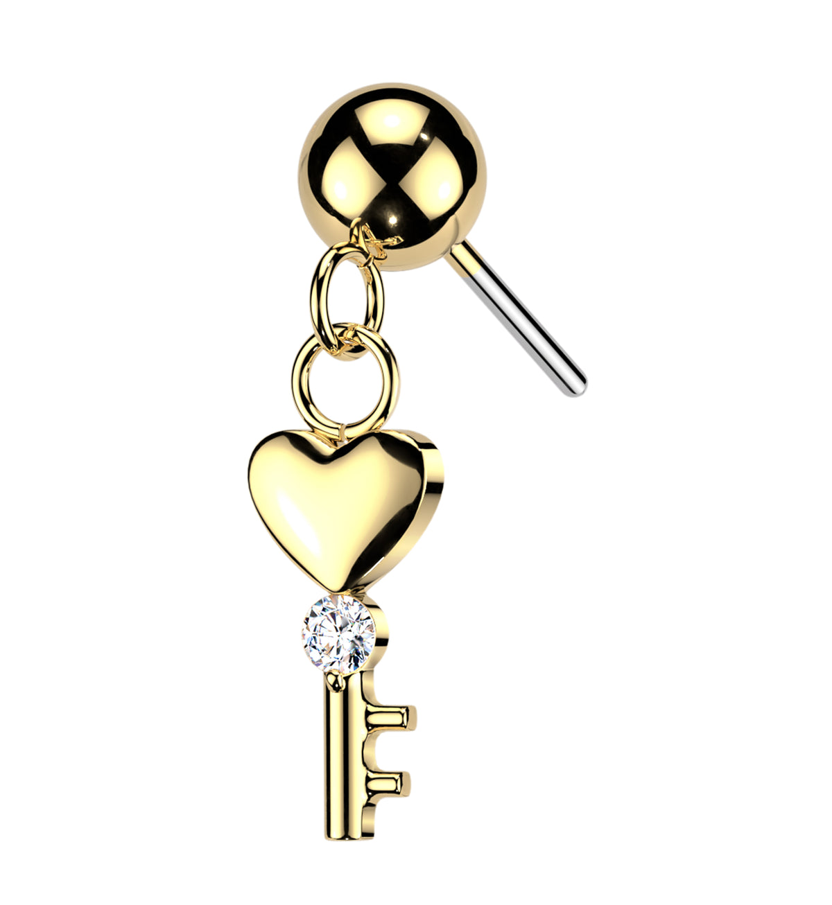 Gold PVD Love Key CZ Dangle Titanium Threadless Top by Urban Body Jewelry