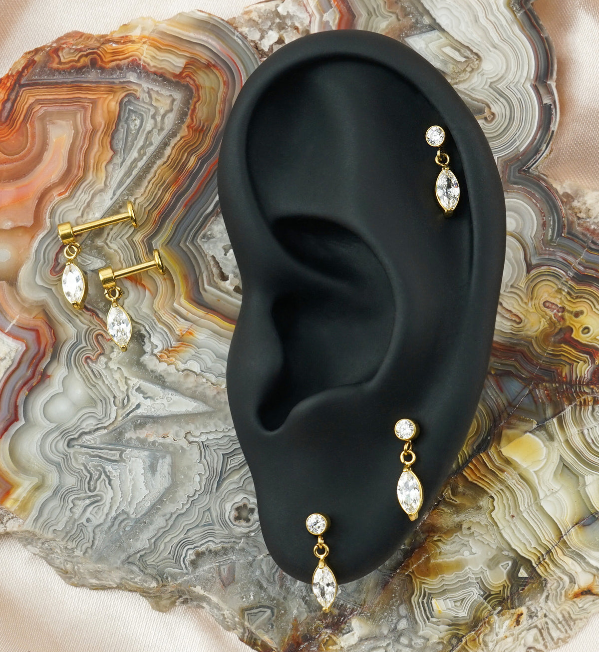 Gold PVD Marquise CZ Dangle Internally Threaded Stainless Steel Labret