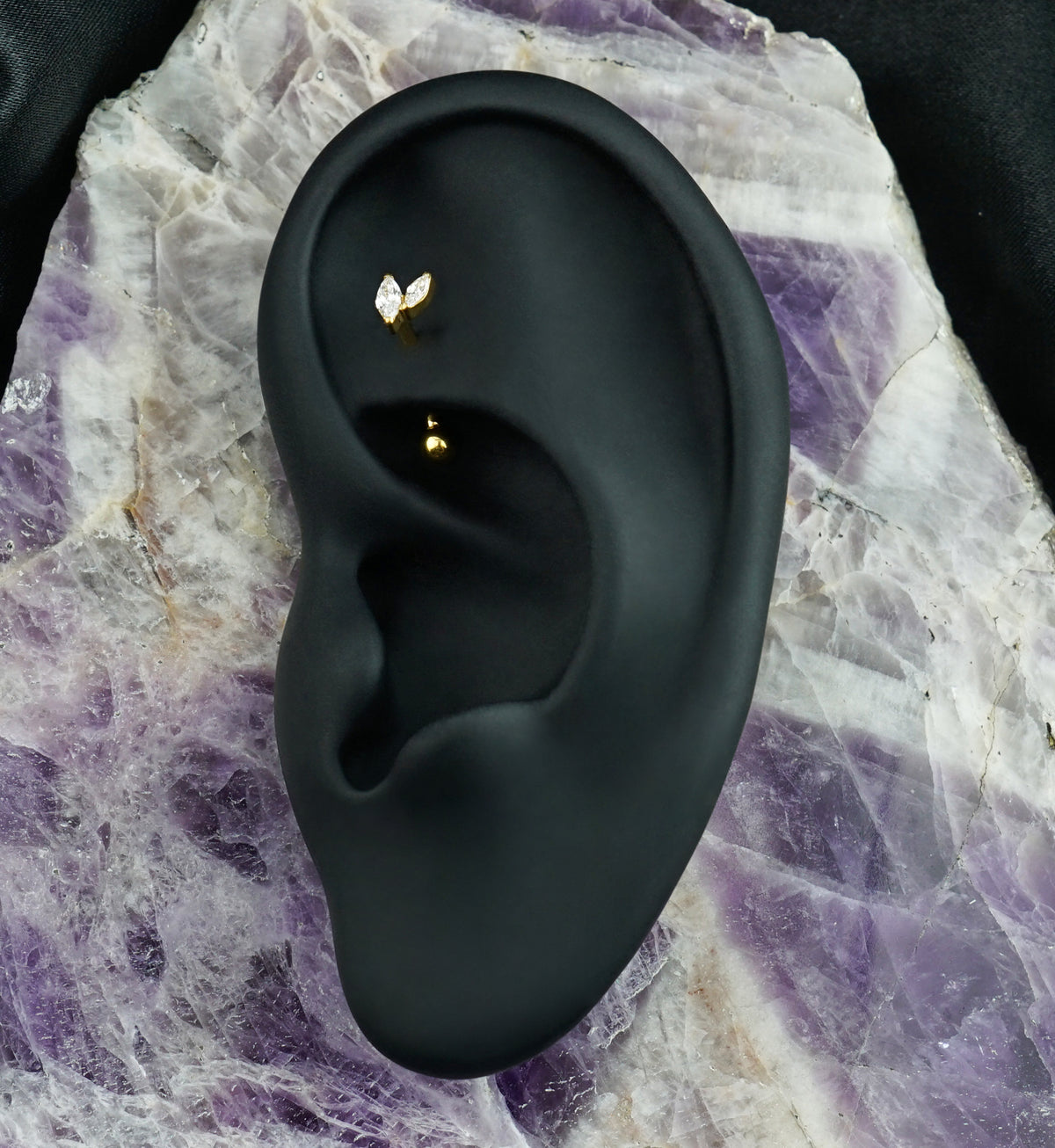 Gold PVD Marquise Frond CZ Titanium Threadless Curved Barbell