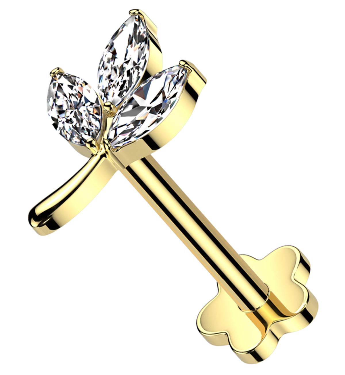 Gold PVD Marquise Leaf Clear CZ Flower Back Titanium Threadless Labret