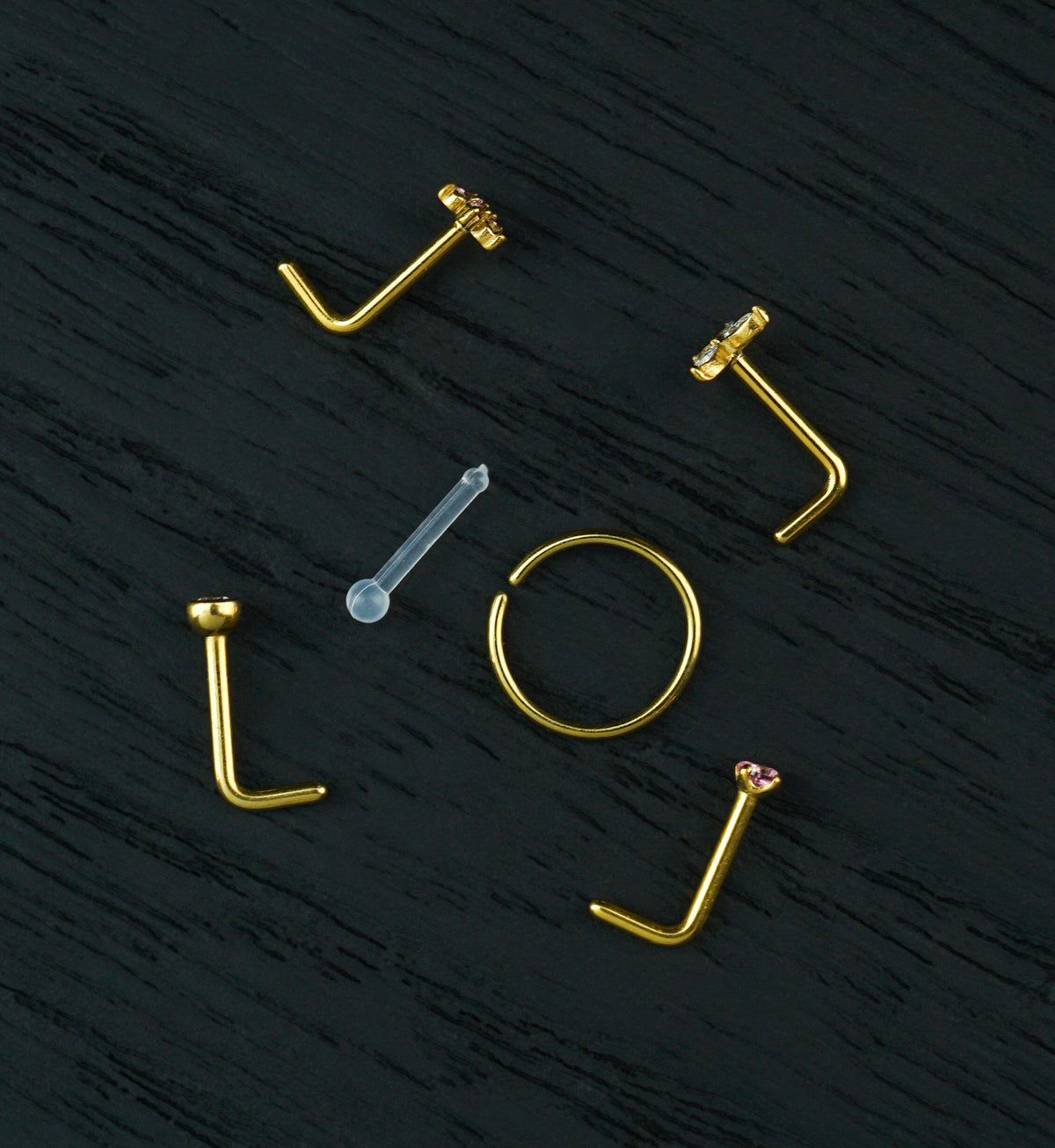 Gold PVD Meadow Clear And Pink CZ Stainless Steel L Bend/Stud/Hoop Variety Pack (6 Pack)