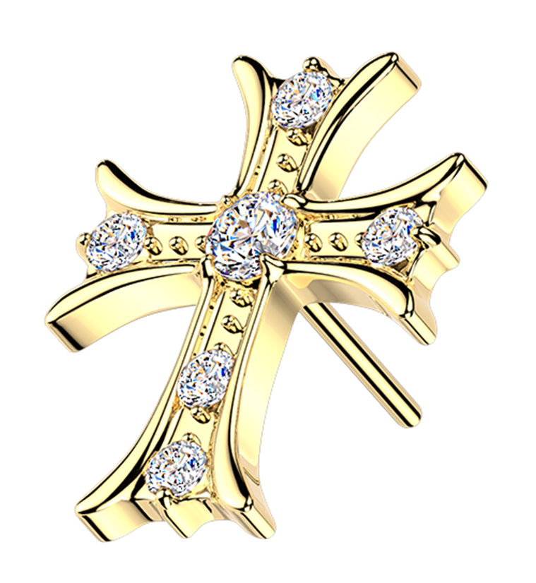 Gold PVD Medieval Cross CZ Titanium Threadless Top