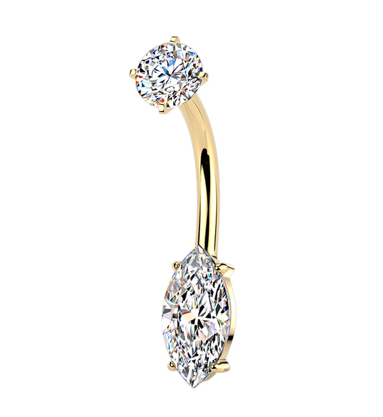 Gold PVD Navette CZ Stainless Steel Internally Threaded Belly Button Ring