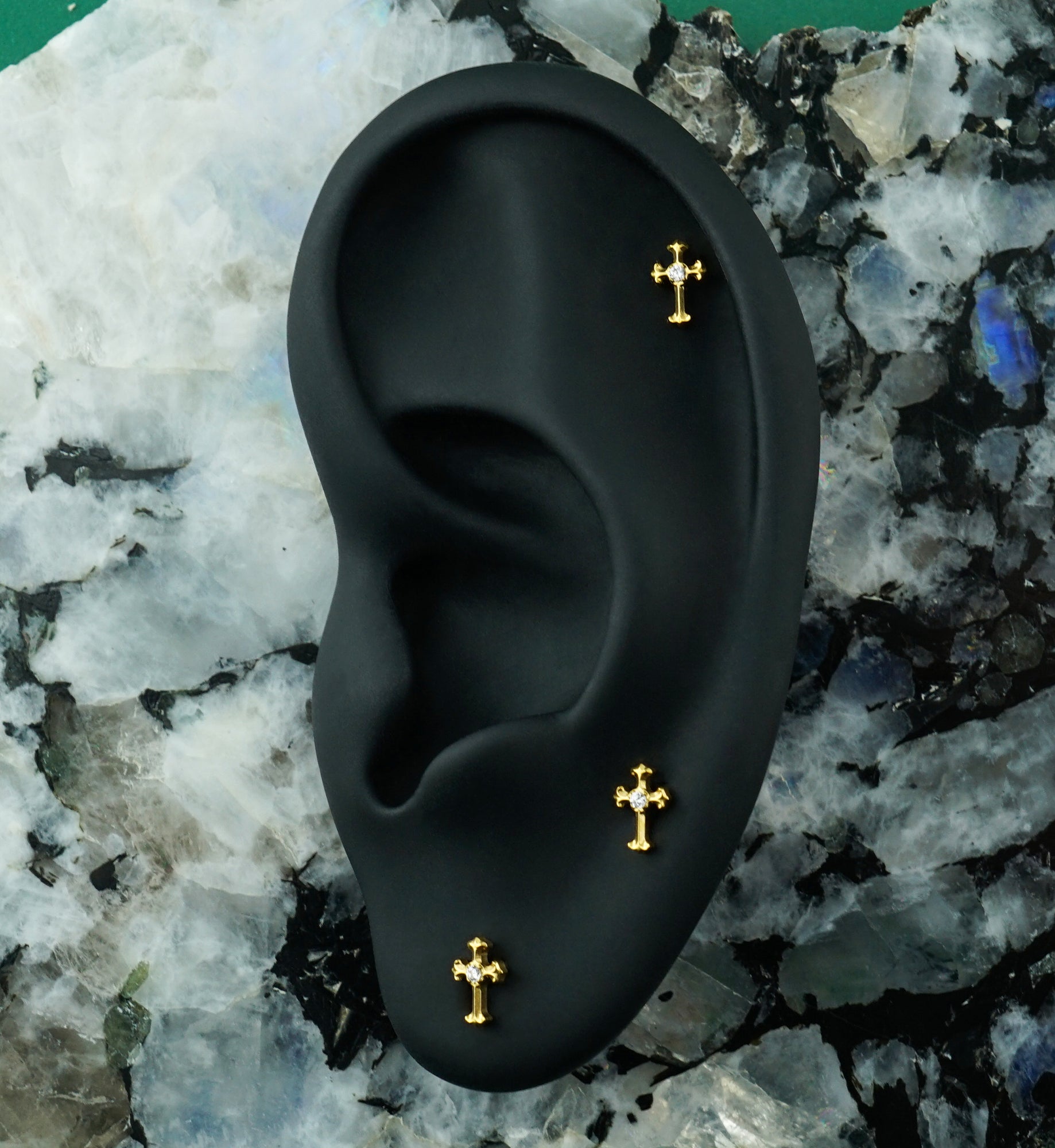 Gold PVD Ornamental Cross Clear CZ Titanium Threadless Top