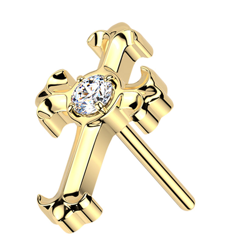 Gold PVD Ornamental Cross Clear CZ Titanium Threadless Top